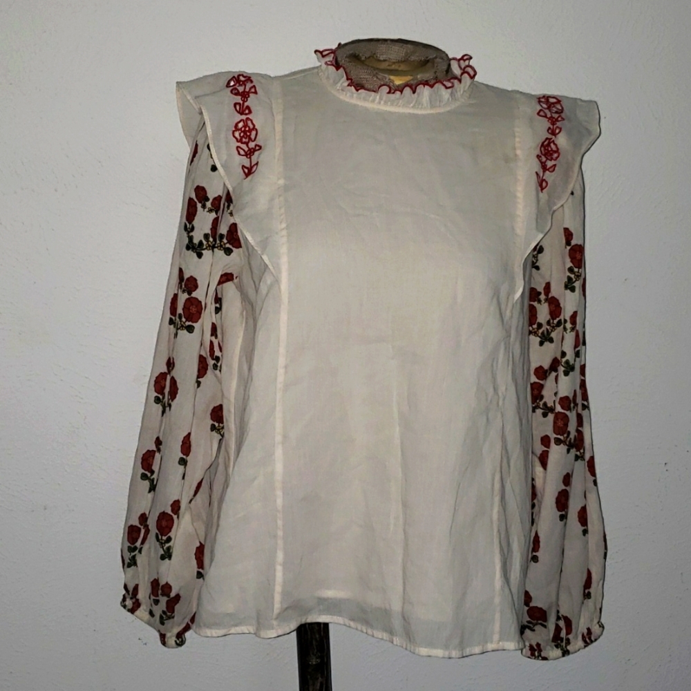 CAROLINA K. Floral design eyelet embroidered ruffled blouse Sz S - Picture 1 of 7